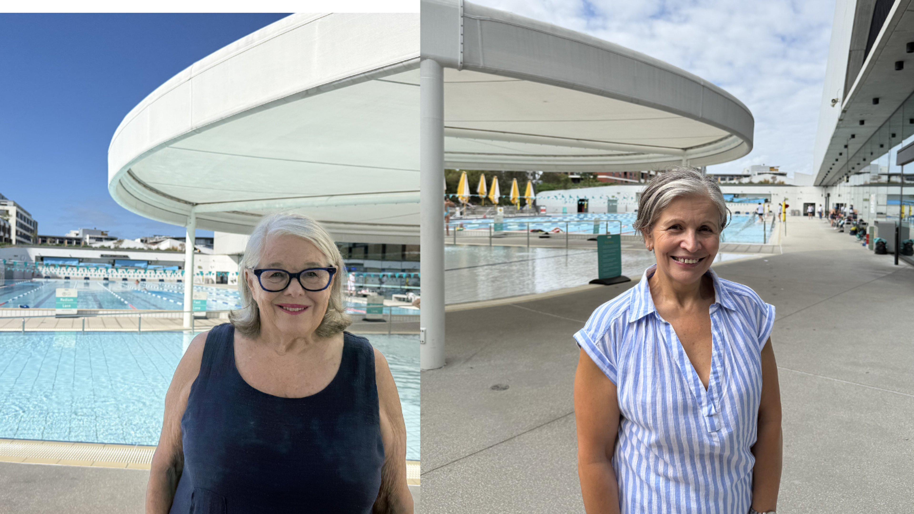 Carolyn and Maria in front of the outdoor 50m pool at Gunyama Park Aquatic and Recreation Centre