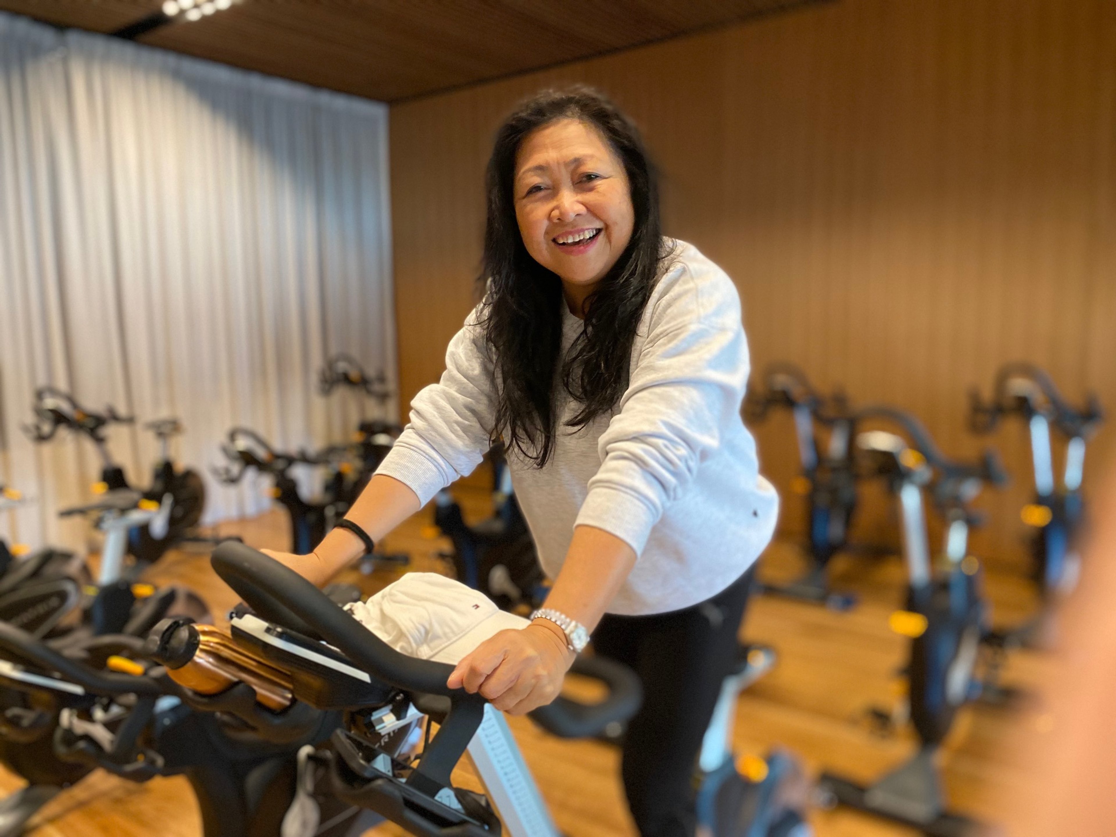 360 member Eugene in her happy place in the cycle studio at Gunyama Park Aquatic and Recreation Centre