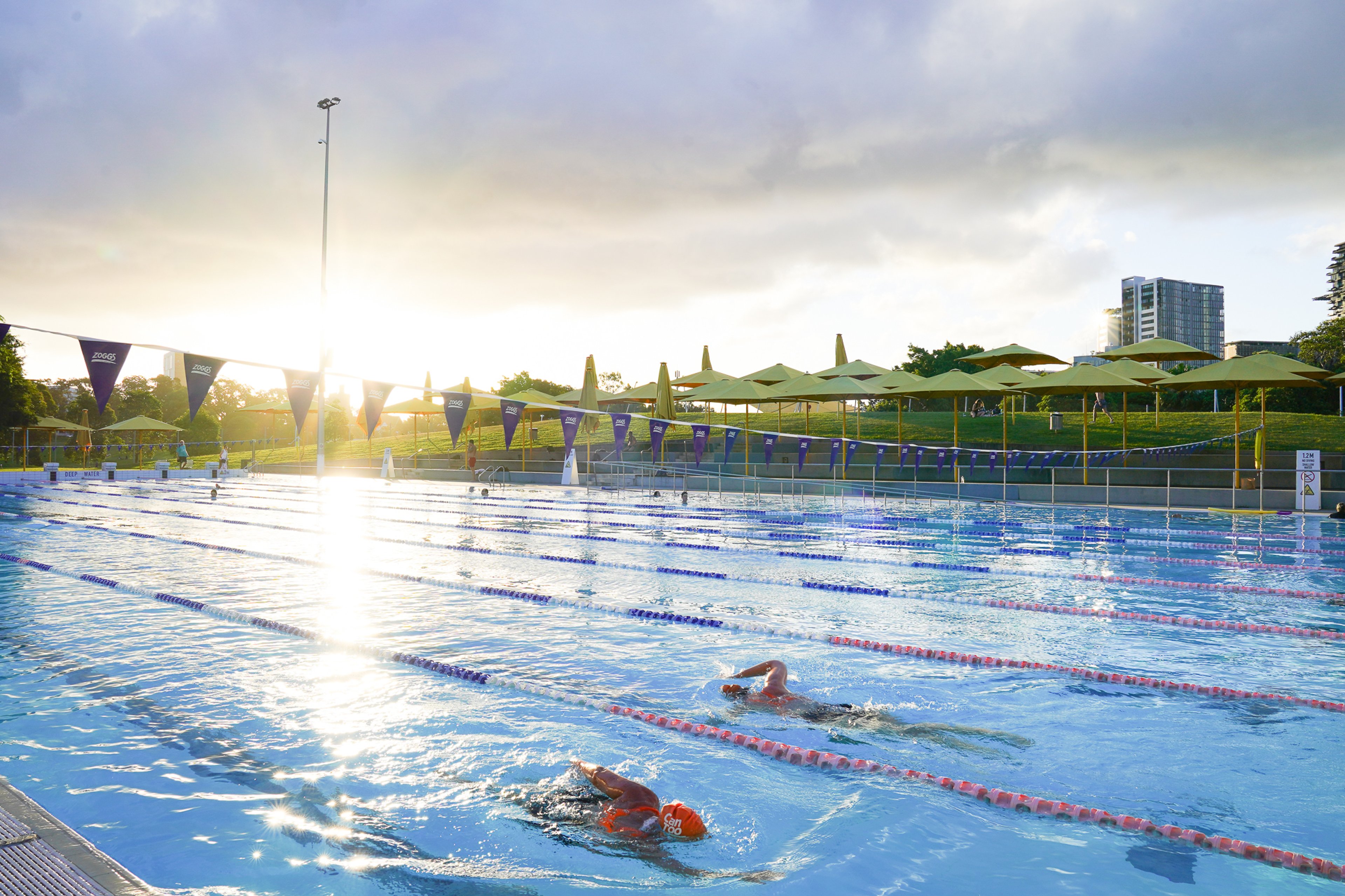 Sun shining over the 50m pool at Prince Alfred Park Pool