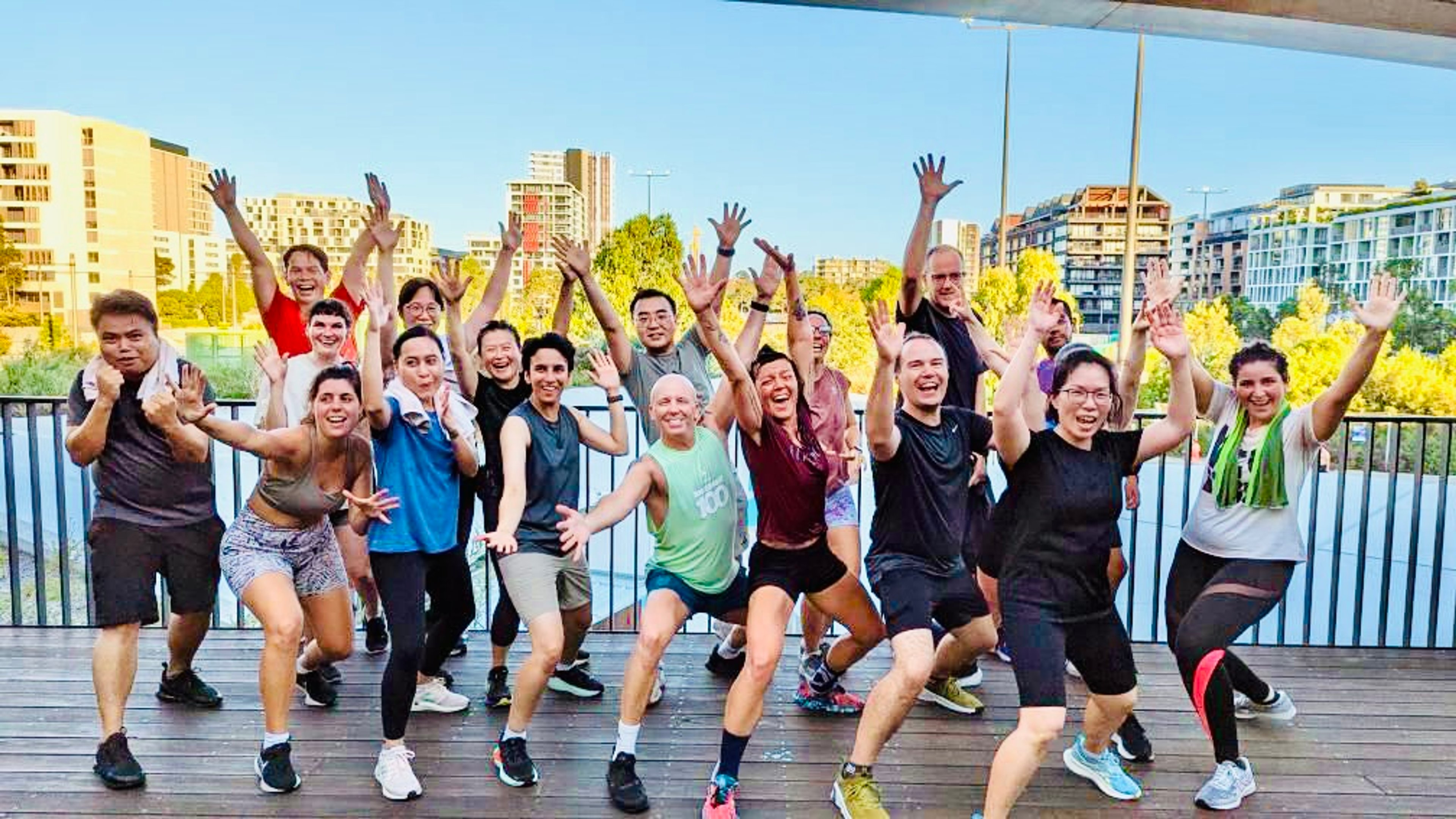 Fitness instructor Linda with one of her group exercise classes on the balcony at Gunyama Park centre