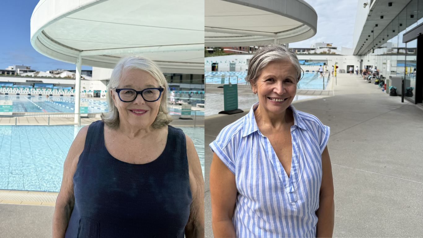 Carolyn and Maria in front of the outdoor 50m pool at Gunyama Park Aquatic and Recreation Centre