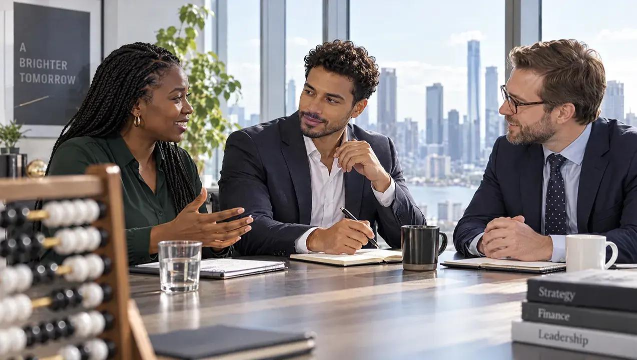 3 people with notepads at table in discussion with an abacas 