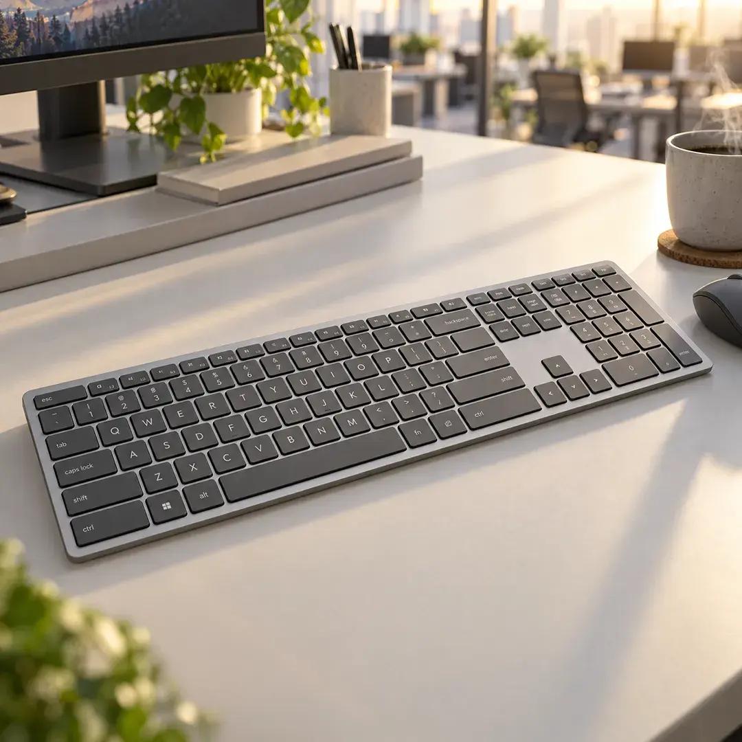 Wireless keyboard on a desk in a bright office.