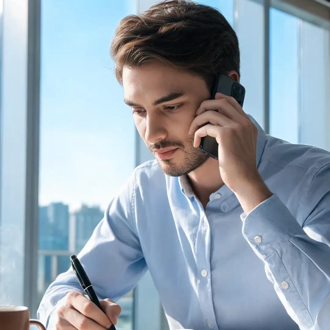 Man on phone, with pen in hand taking notes