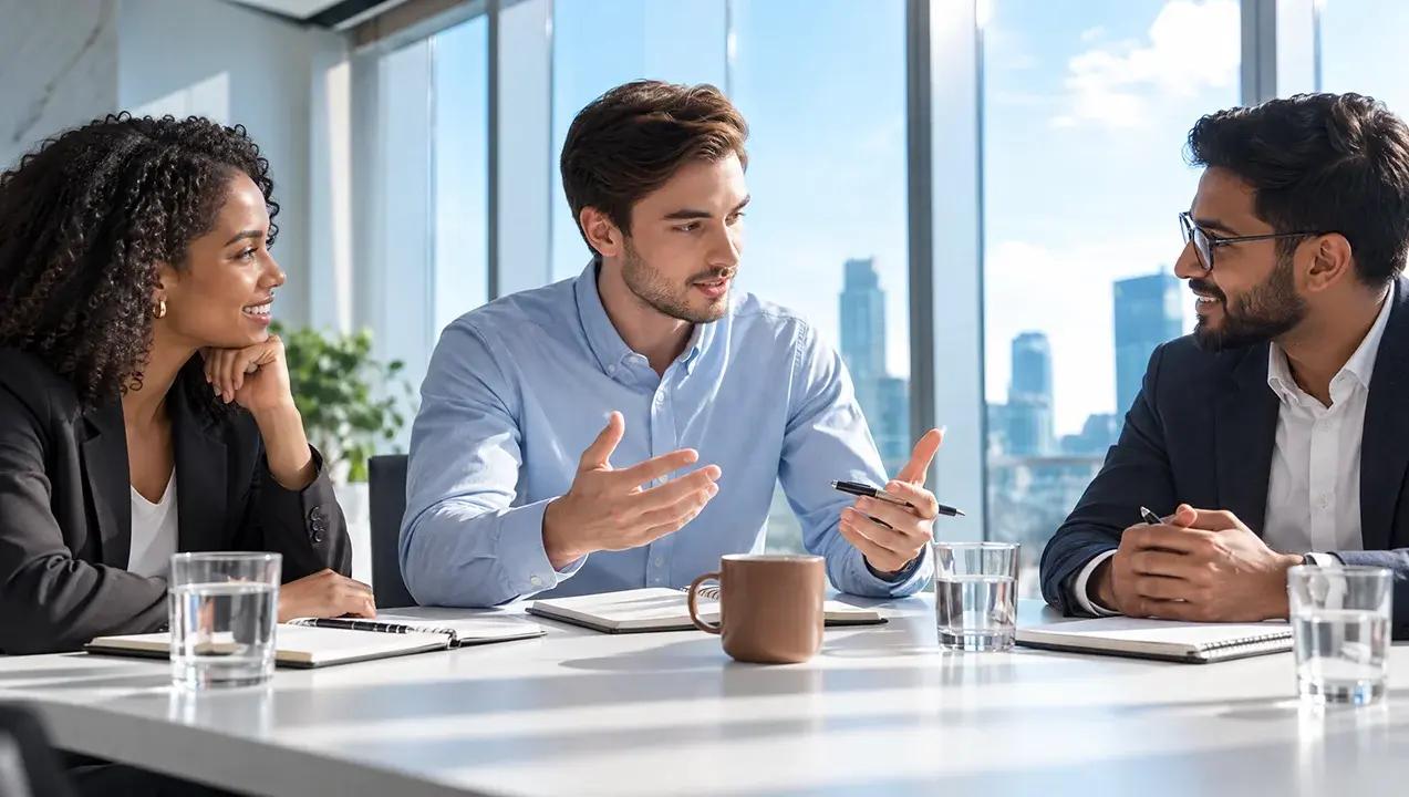 3 people at desk with notepads, in discussion