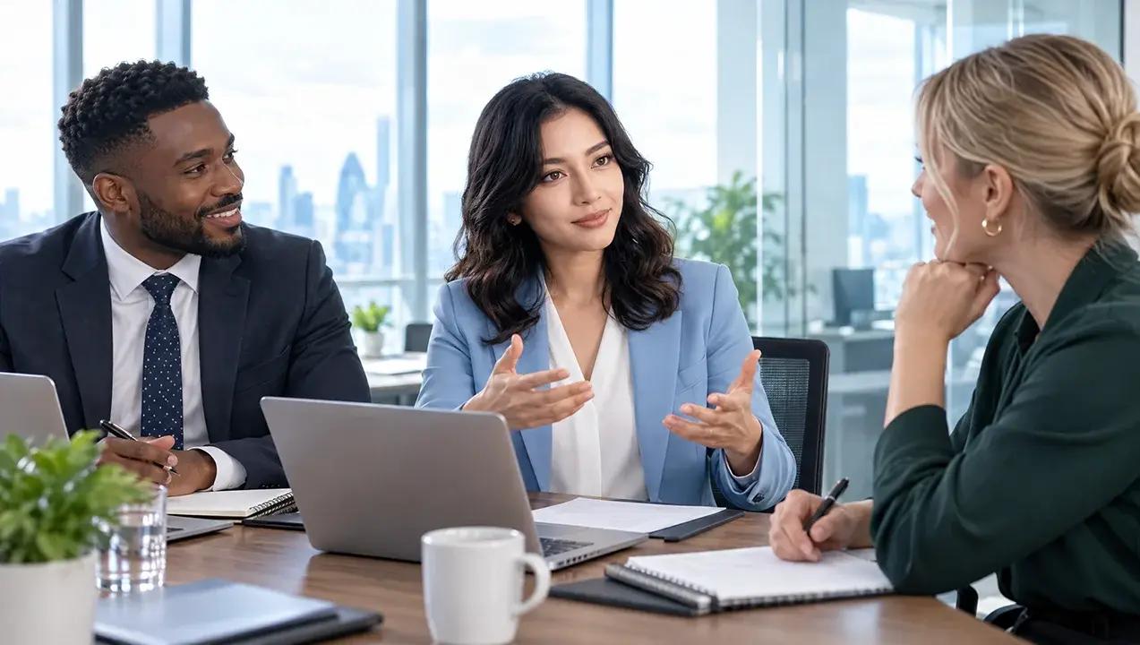 3 work colleagues sat at desk in discussion