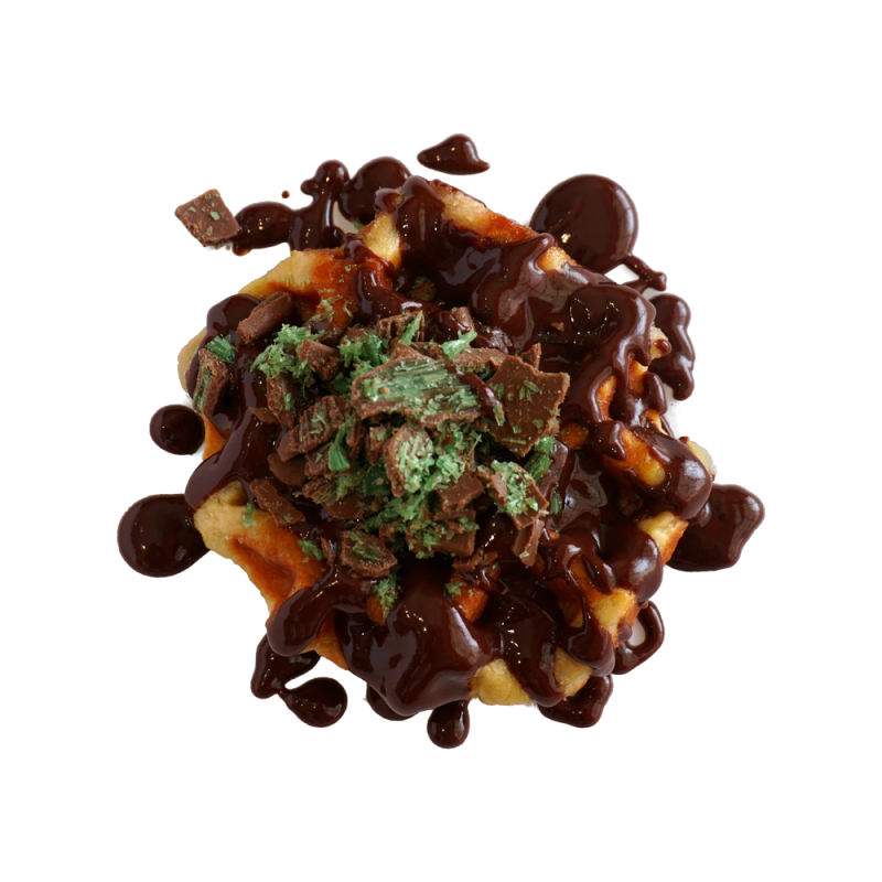Peppermint Crisp waffle with dark chocolate sauce and crushed Peppermint Crisp