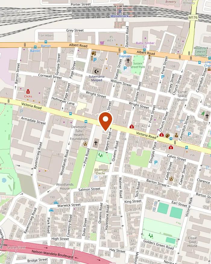Street map of Woodstock with a pin on Quiver Café, 96 Victoria Rd