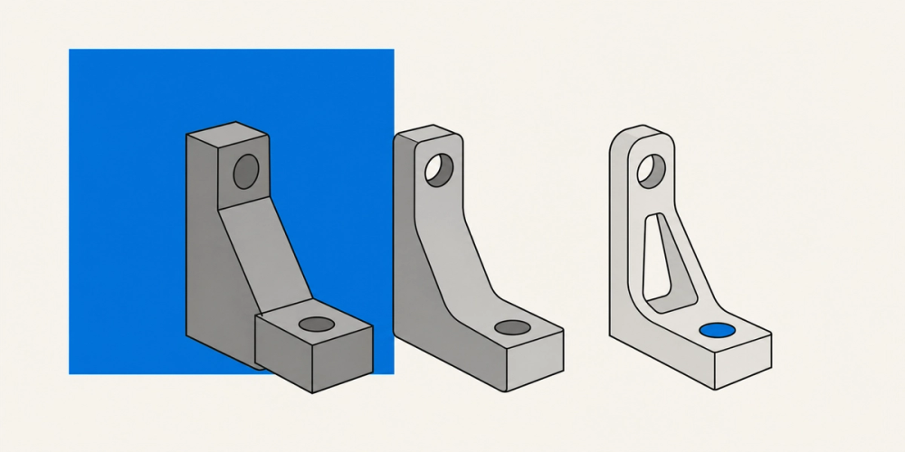 Three printed mounting brackets shown side by side as successive design revisions