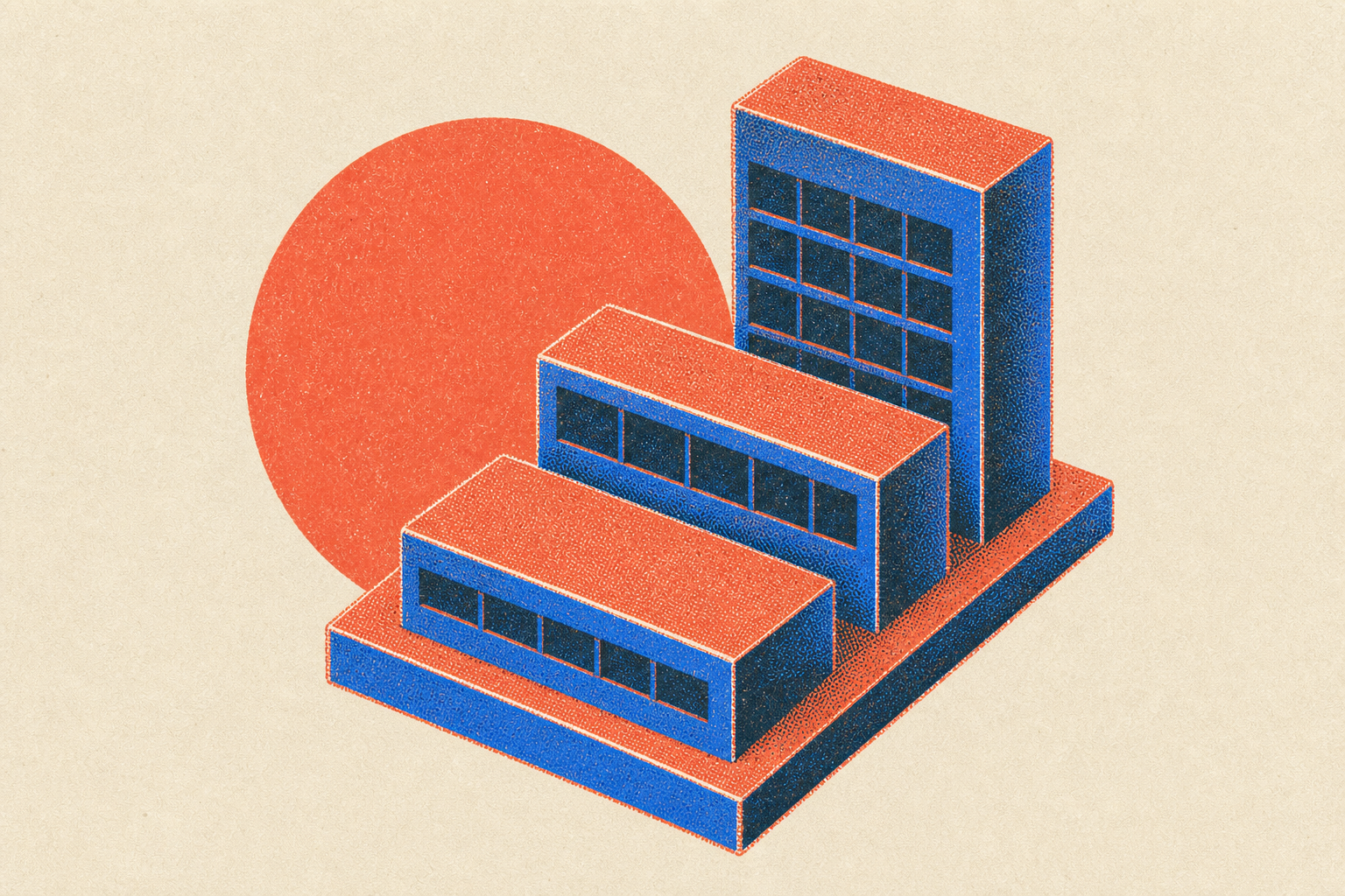 A printed massing model of three stepped buildings on a rectangular baseboard
