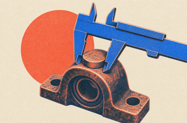 Engineer's calipers measuring across the boss of a worn cast bearing block