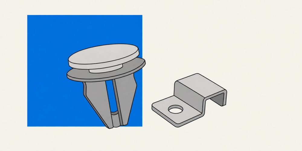 A printed automotive trim clip beside a small angle bracket
