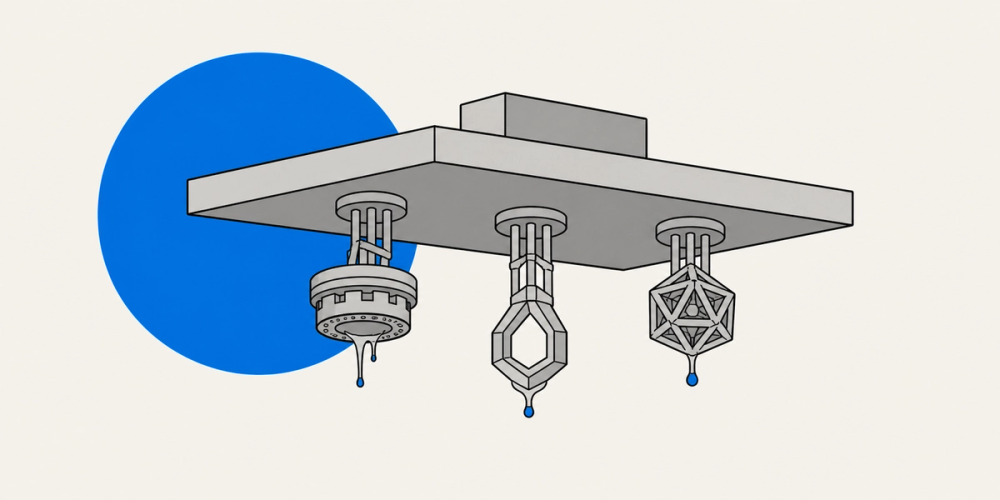 Resin miniatures hanging from a printer build plate on their supports