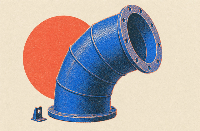 A very large printed ducting elbow dwarfing a single small bracket at its foot
