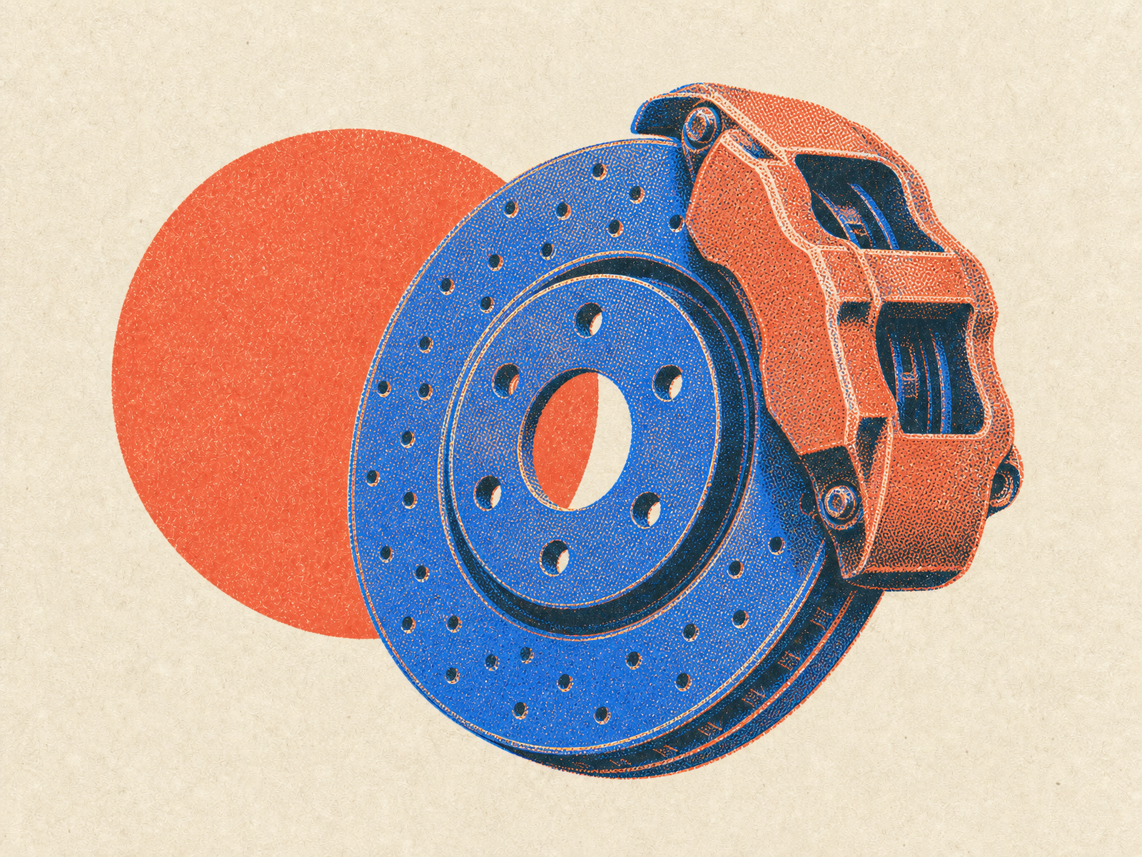 A printed cross-drilled brake disc with a caliper clamped over its edge