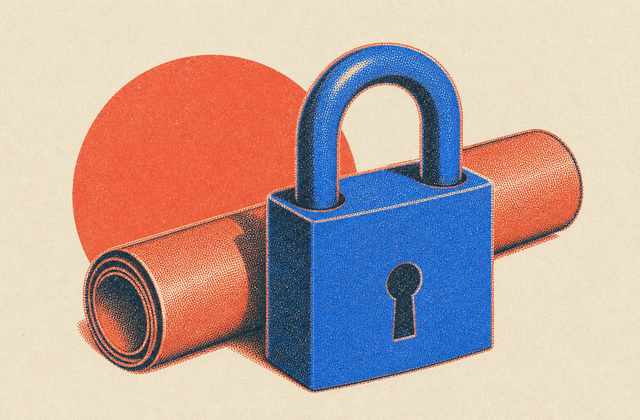 A closed padlock standing in front of a tightly rolled technical drawing