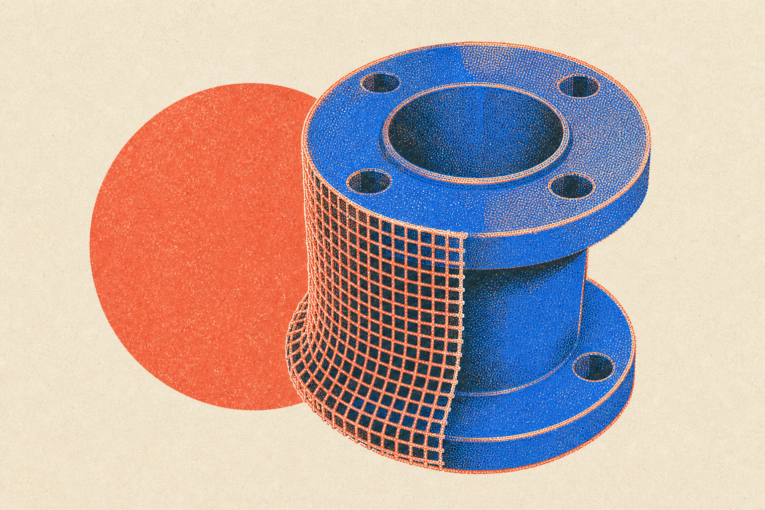 A machined flanged spacer with a fine inspection mesh overlaid on half its surface