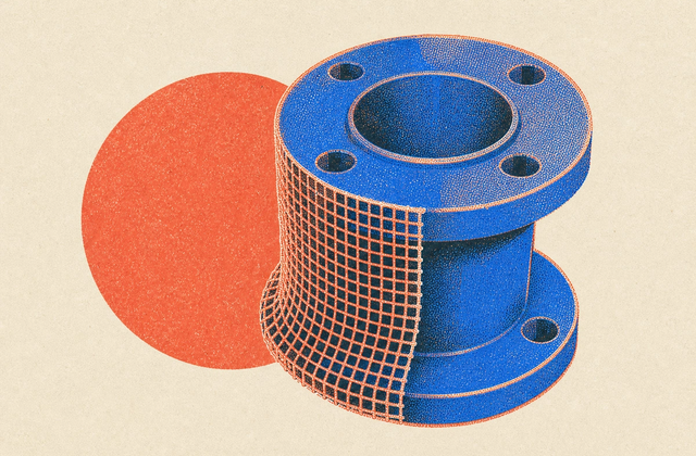 A machined flanged spacer with a fine inspection mesh overlaid on half its surface
