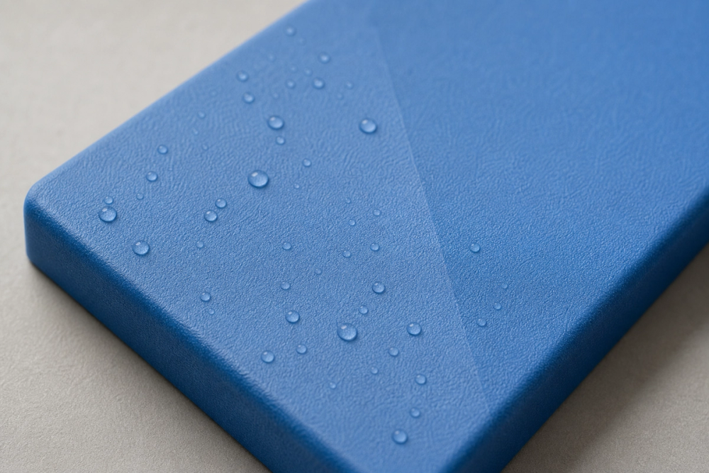 Macro shot of a matte ASA print with water beading on its UV-stable textured surface