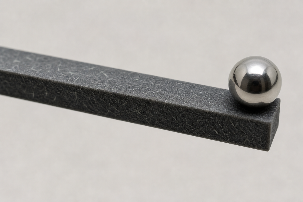 Macro shot of a slim carbon-fibre-filled PETG bar cantilevered under a steel ball, holding straight without deflecting