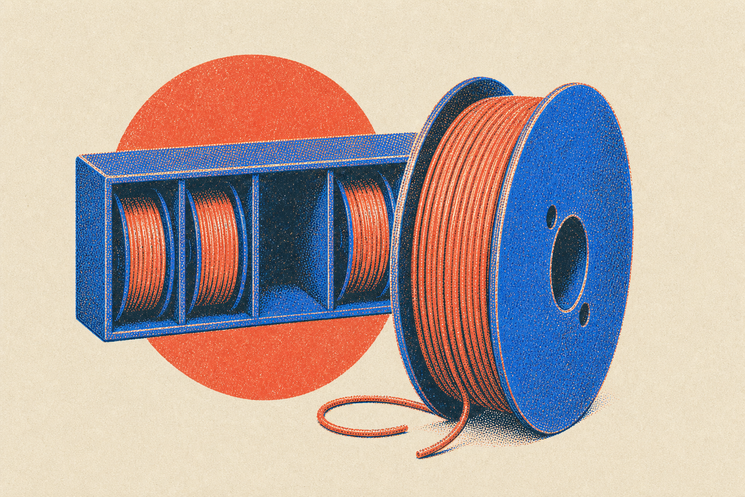 A filament spool standing beside its storage rack, one pigeonhole left empty