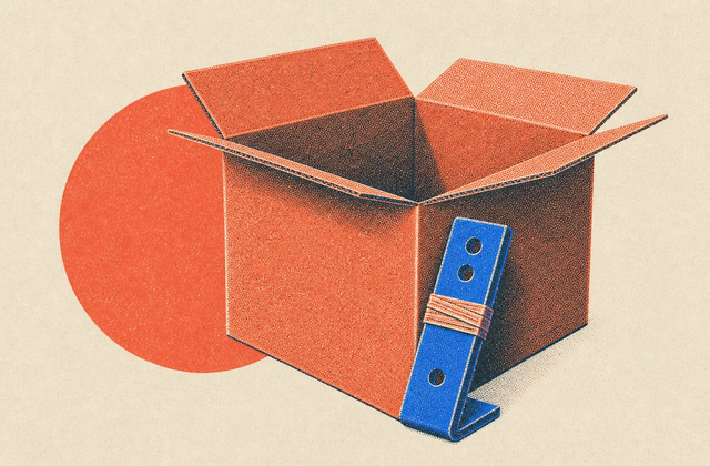 An open cardboard postal box with a printed blue bracket propped against its side