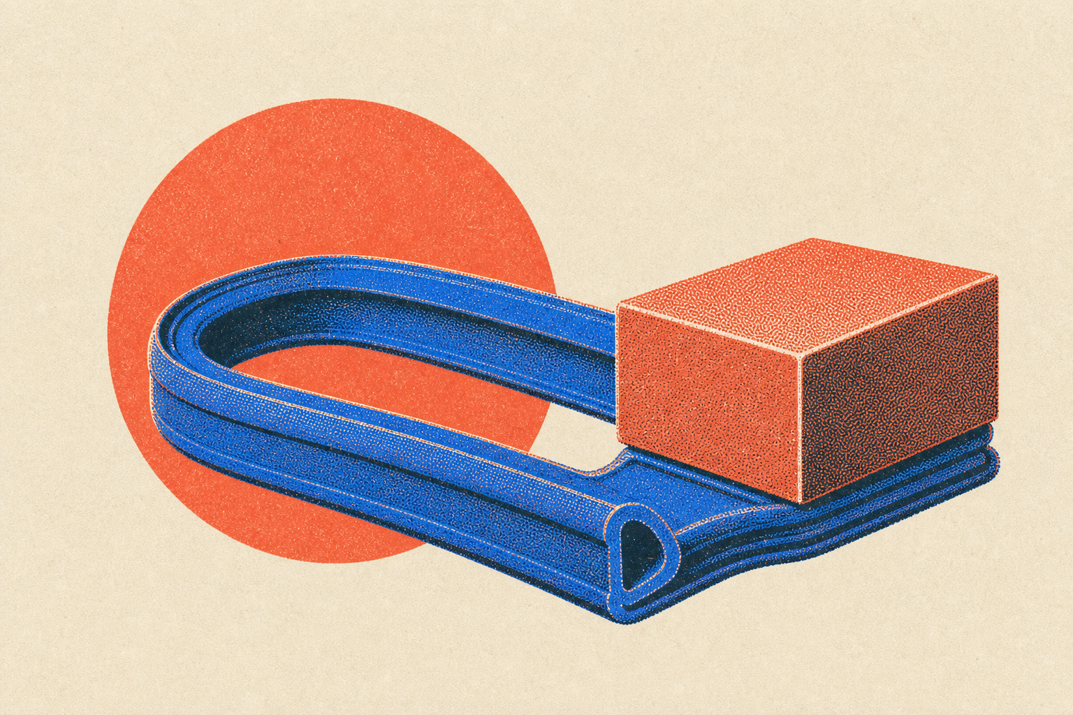 A soft blue rubber seal looped into a curve, one end squashed flat beneath a rigid block