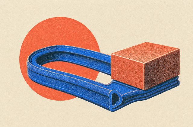 A soft blue rubber seal looped into a curve, one end squashed flat beneath a rigid block