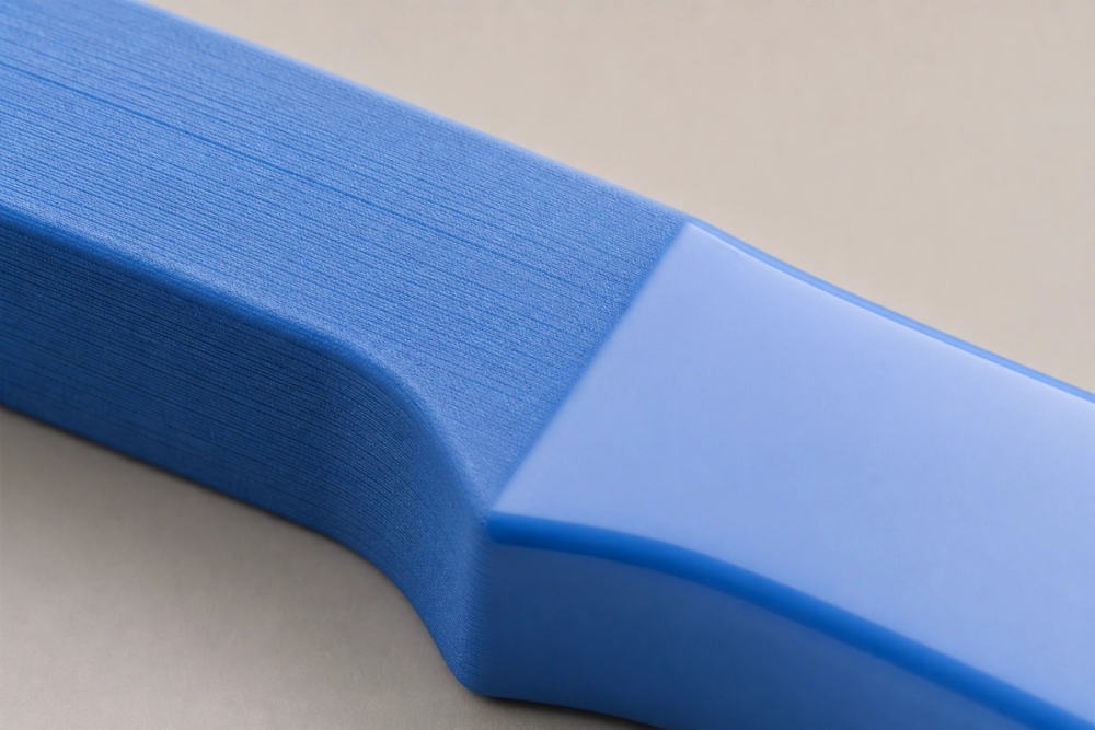Macro shot of an ABS print split between raw layer lines and an acetone-smoothed gloss finish