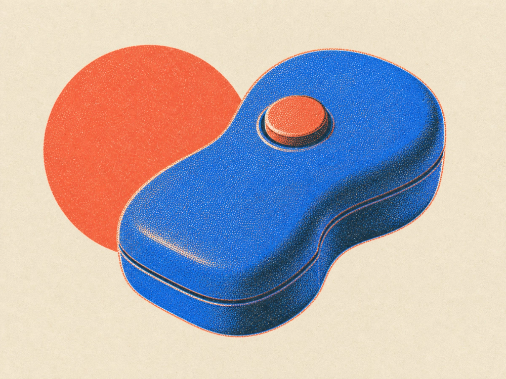 A printed handheld product housing with a moulded finger grip, parting seam and raised button