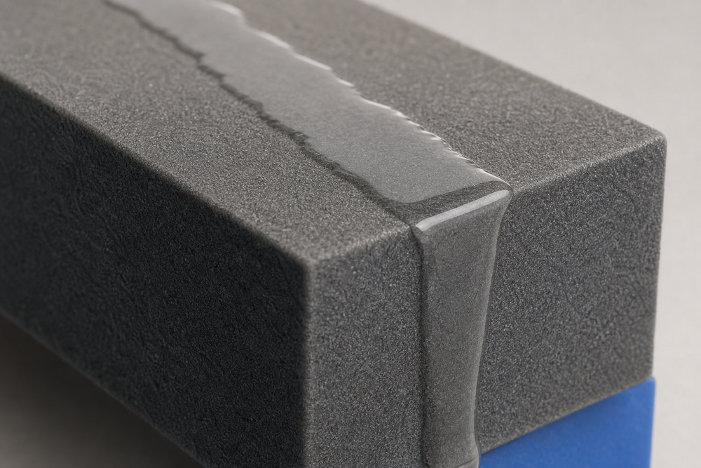 Macro shot of solvent sheeting off a carbon-fibre-filled PPS block, leaving the surface completely unmarked