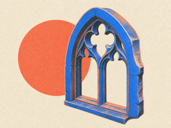 A printed replacement section of carved stone window tracery with an arched, openwork head