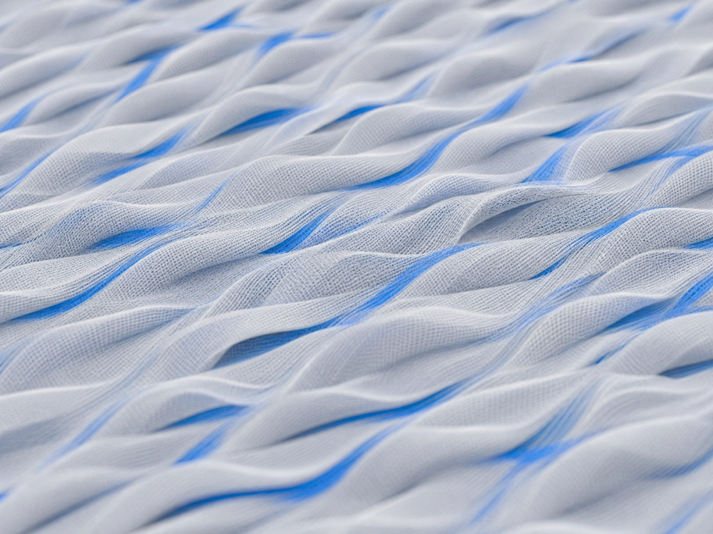Macro view of a soft printed surface draping into folds, showing how a flexible material gives and recovers