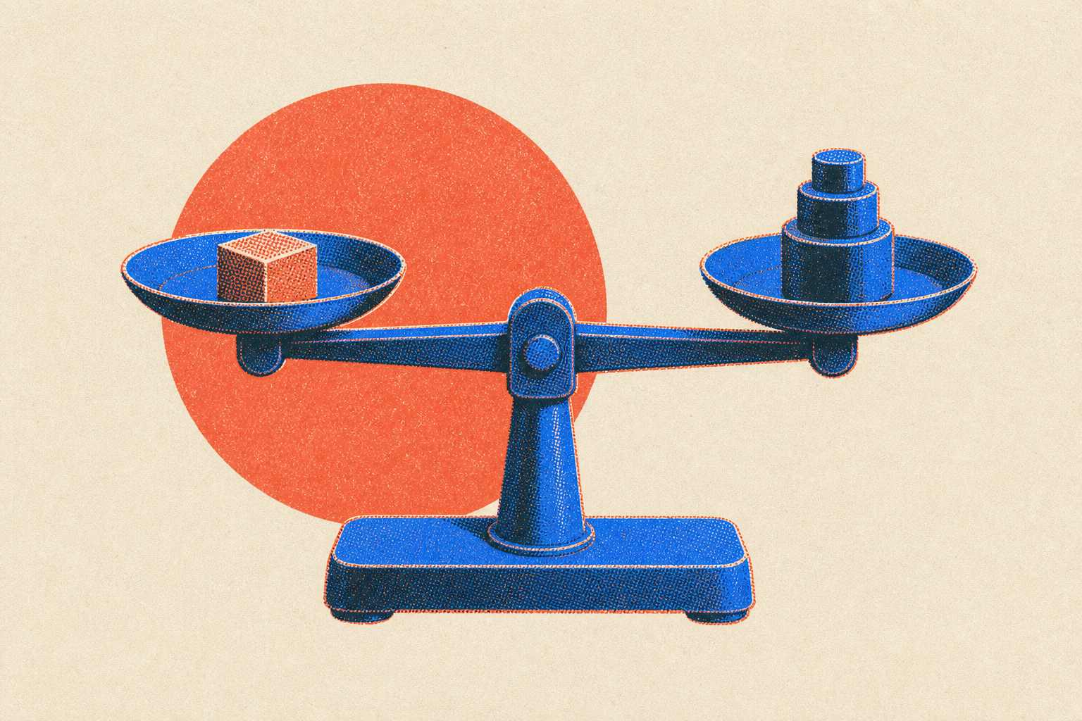 A two-pan beam balance weighing a small printed part against a stack of weights