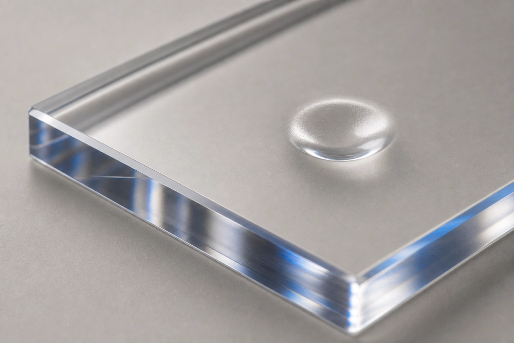 Macro shot of a thick, optically clear polycarbonate print with a crisp chamfered edge