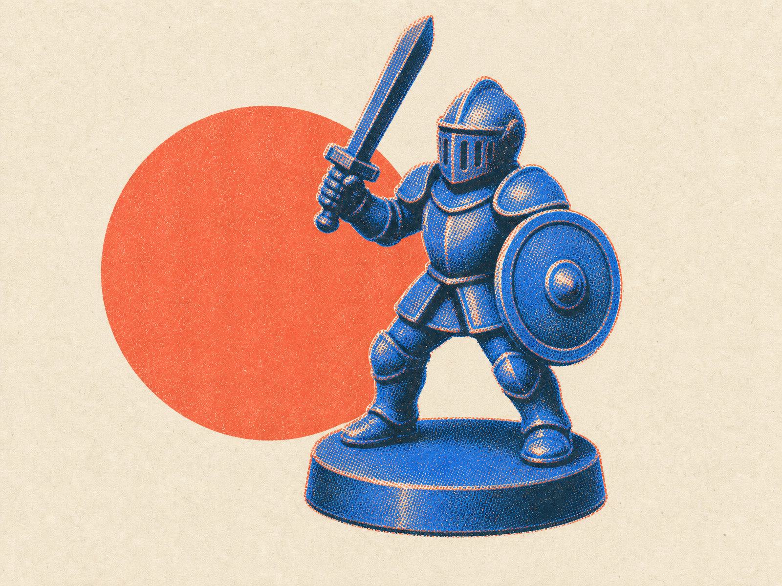 A printed knight miniature on a round base, sword raised