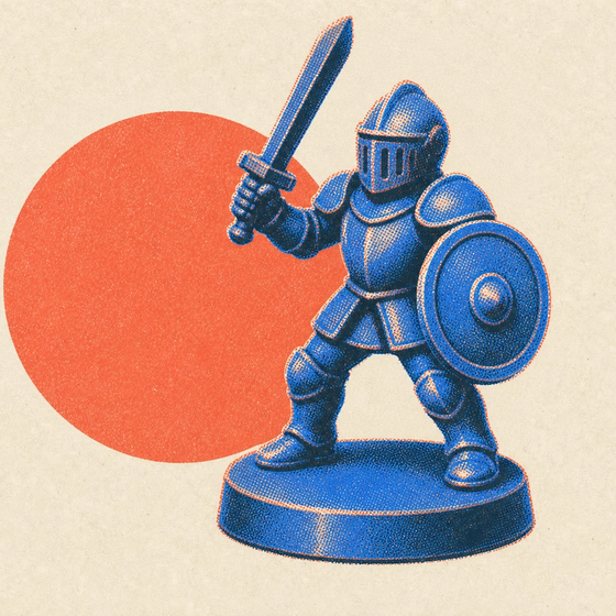 A printed knight miniature on a round base, sword raised