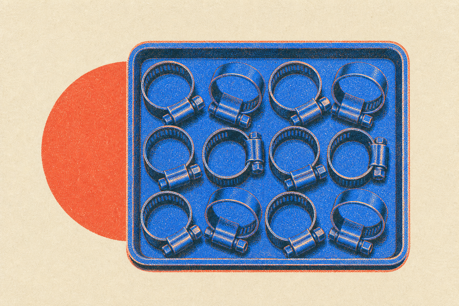 A build plate seen from above, tiled with a dozen identical printed hose clips