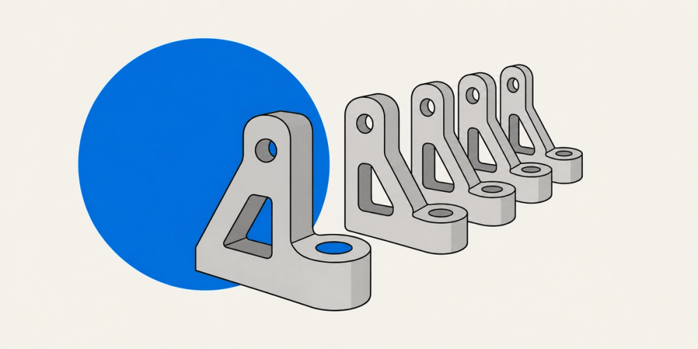 A row of identical printed brackets in graduated sizes, reading as a production batch
