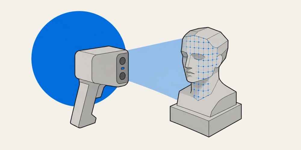 A handheld 3D scanner capturing a bust, its scan lines wrapping the surface