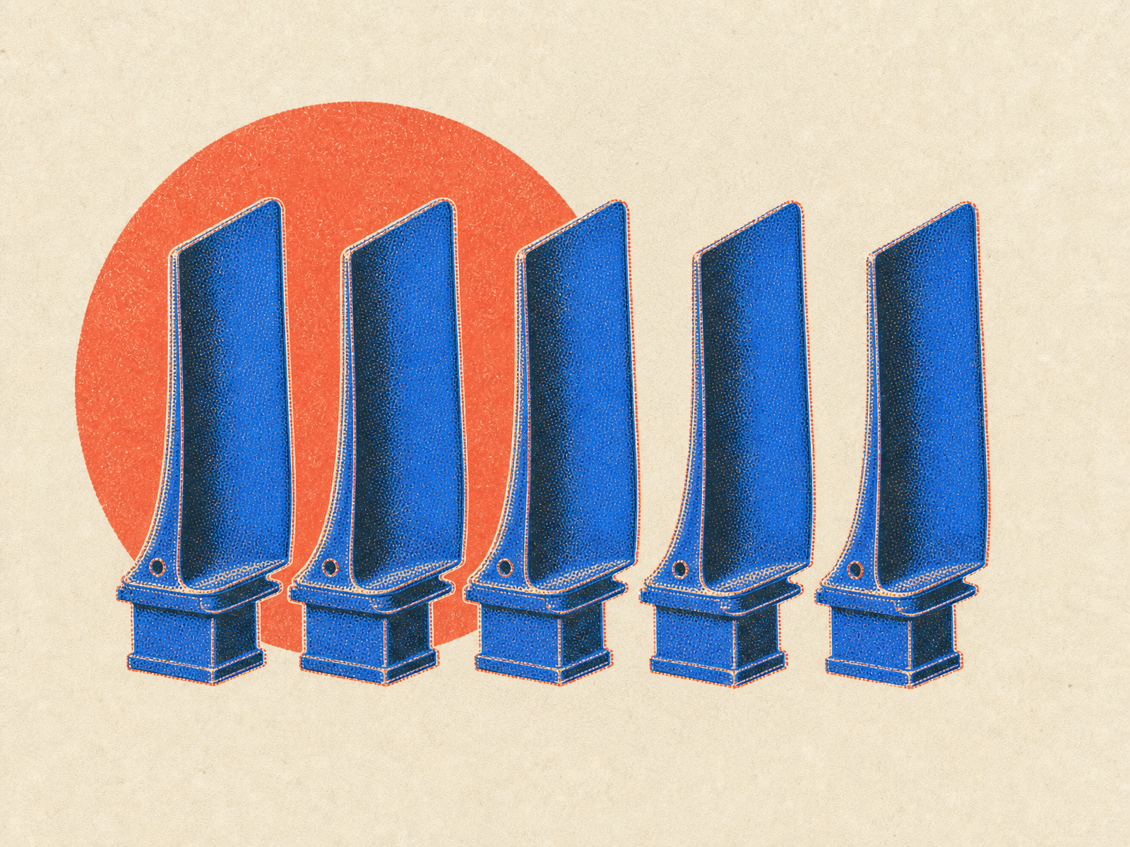 Five identical printed turbine blades standing in an evenly spaced row