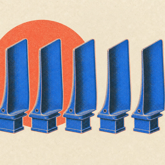 Five identical printed turbine blades standing in an evenly spaced row