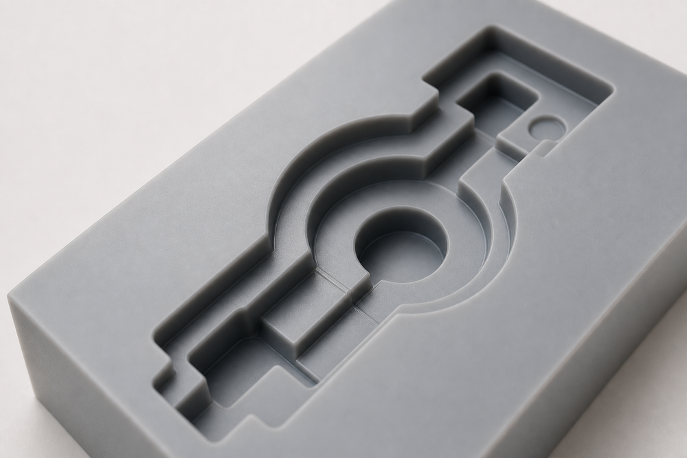 Macro shot of a high-temperature resin mould half, its sunken cavity holding every edge crisp and square