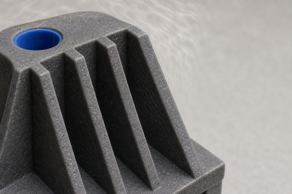 Macro shot of a deeply ribbed carbon-fibre-filled PPA bracket standing rigid as heat ripples the air above it