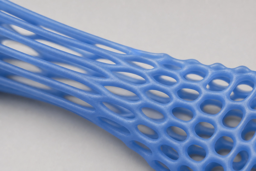 Macro shot of a flexible TPU lattice bending, its cells stretching under tension