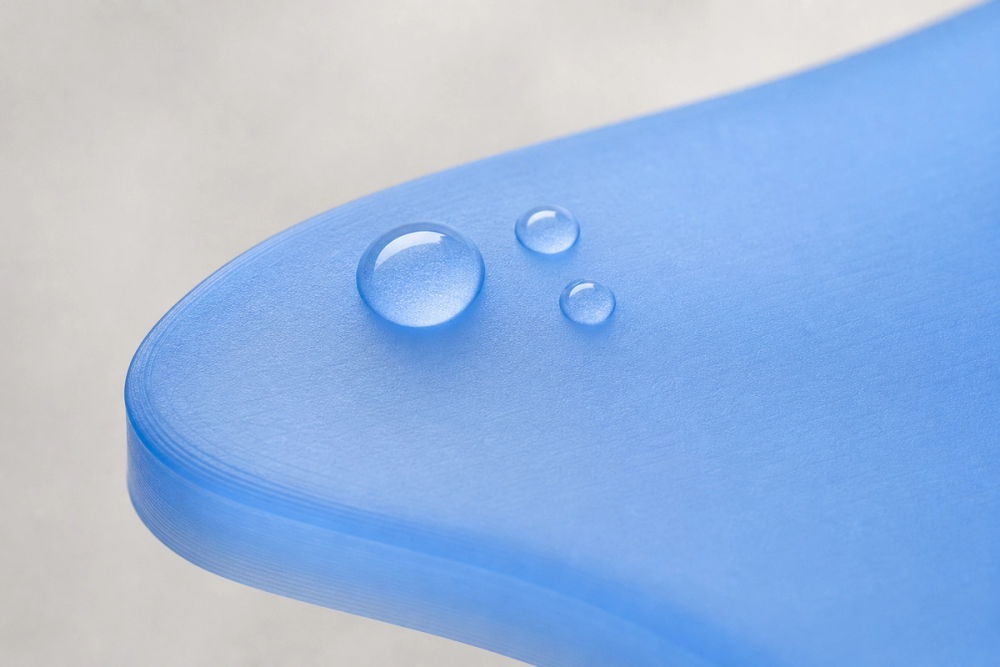 Macro shot of a translucent PETG print with water beading on its fused surface