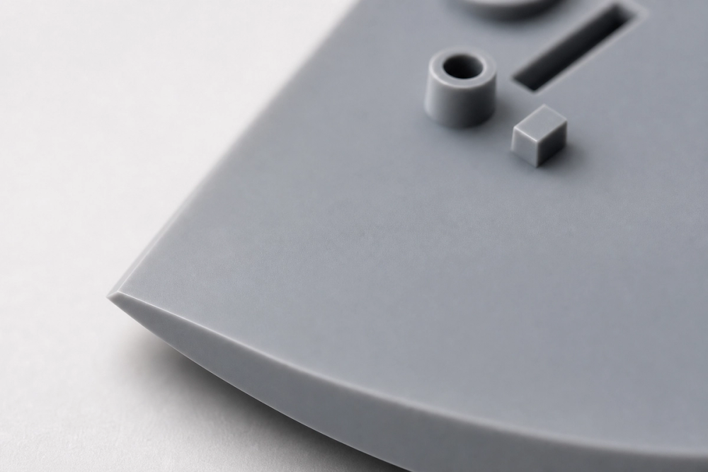 Macro shot of a smooth grey resin part with millimetre-scale features held sharp and no visible layer lines