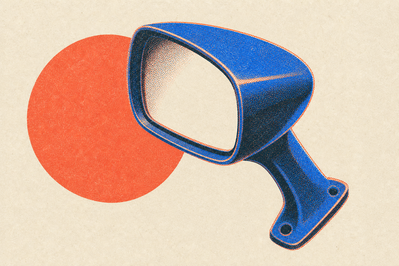 A printed wing-mirror housing on its swept stalk, the mirror aperture left empty