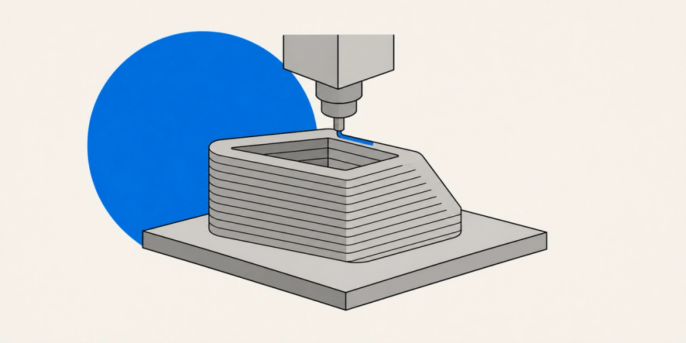 A print nozzle laying a fresh course onto a part-built object, its layers banded up the side