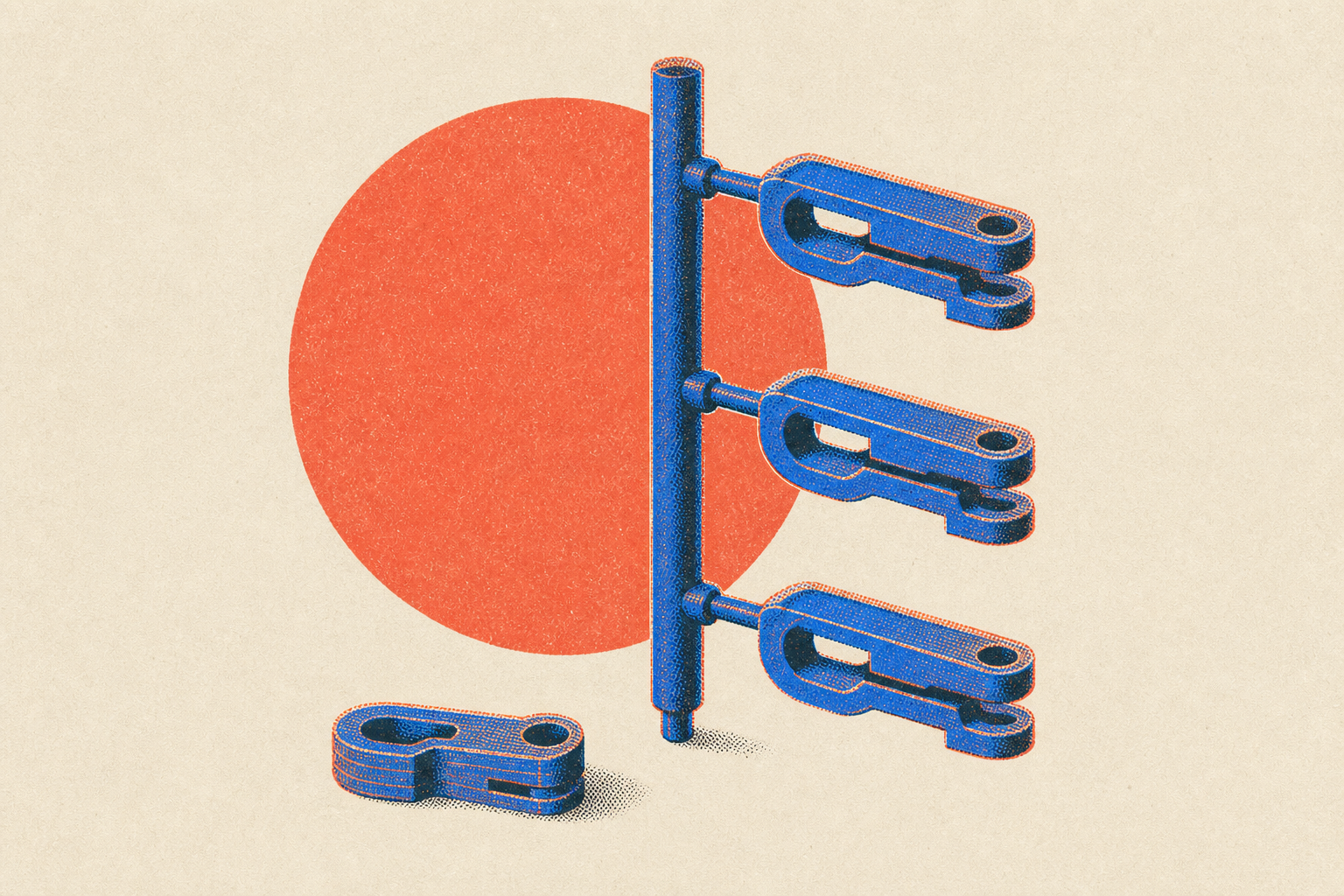 An injection-moulding sprue and runner tree beside a single printed copy of the same part